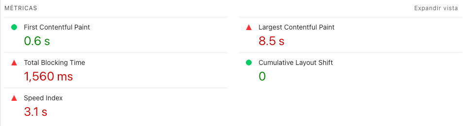 Métricas de una web lenta en PageSpeed Insights